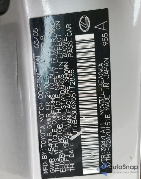 2005 Lexus Es 330 из США, поврежденный, VIN JTHBA30GX55112835